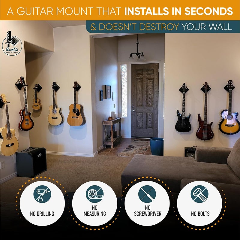 GuitUp Easy Hanger Guitar Wall Mounted Instrument Hanger, No Tools and No Anchor Bolts Needed, Strong, Sturdy, Drywall-Friendly, Apartment-Friendly, Installs in Seconds (Made in The USA) - Image 2